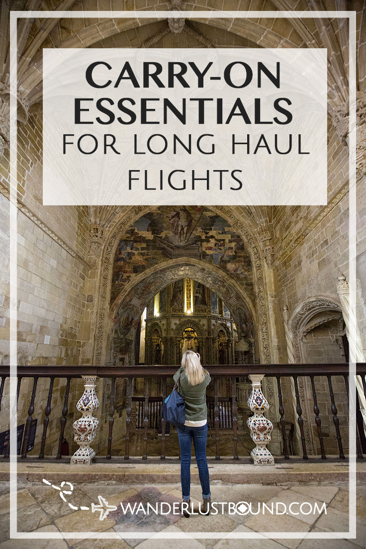 Carry on bag essential list for long haul flights to Europe.